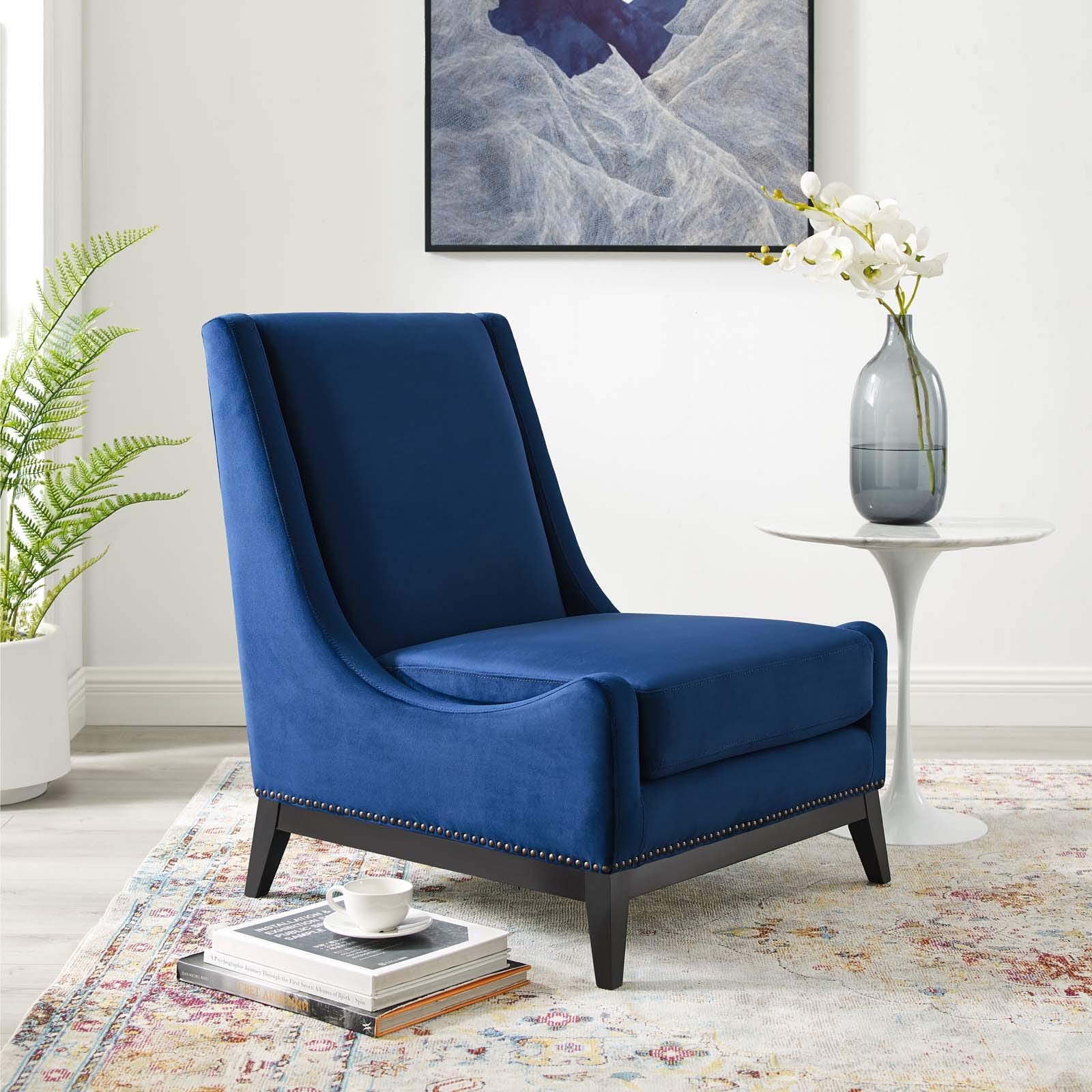 Modway Confident Performance Velvet Accent Lounge Living Room Chair In Navy
